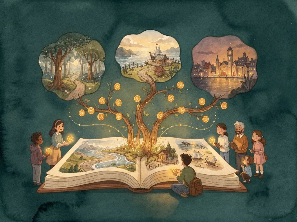 An open storybook becomes colorful branching paths where reader contributions and votes shape a shared story.